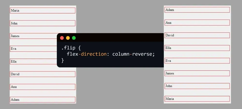 a showcase of flex direction in action with names being swapped acceding and descending